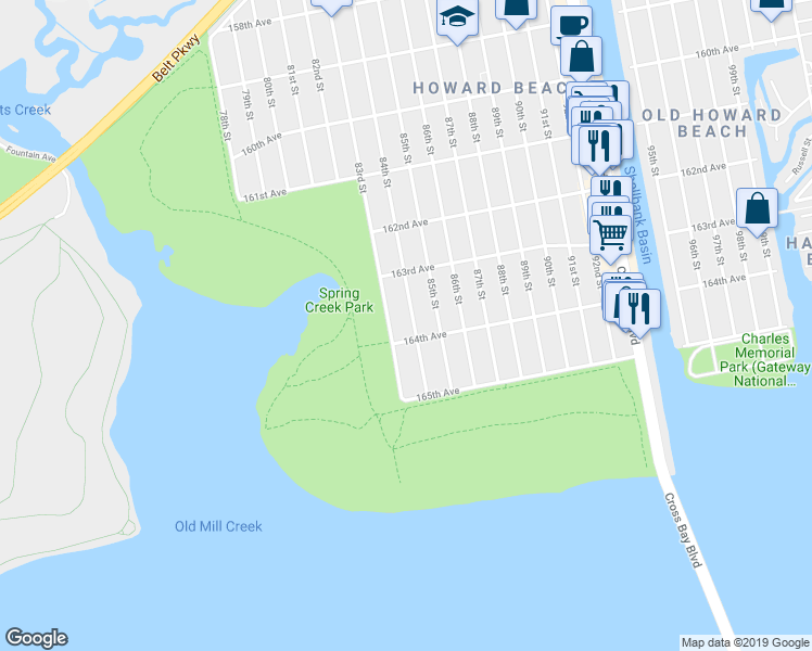 map of restaurants, bars, coffee shops, grocery stores, and more near 163-52 84th Street in Queens