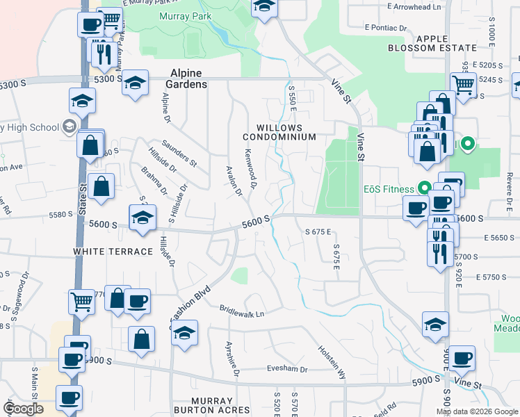 map of restaurants, bars, coffee shops, grocery stores, and more near 5593 Avalon Drive in Murray