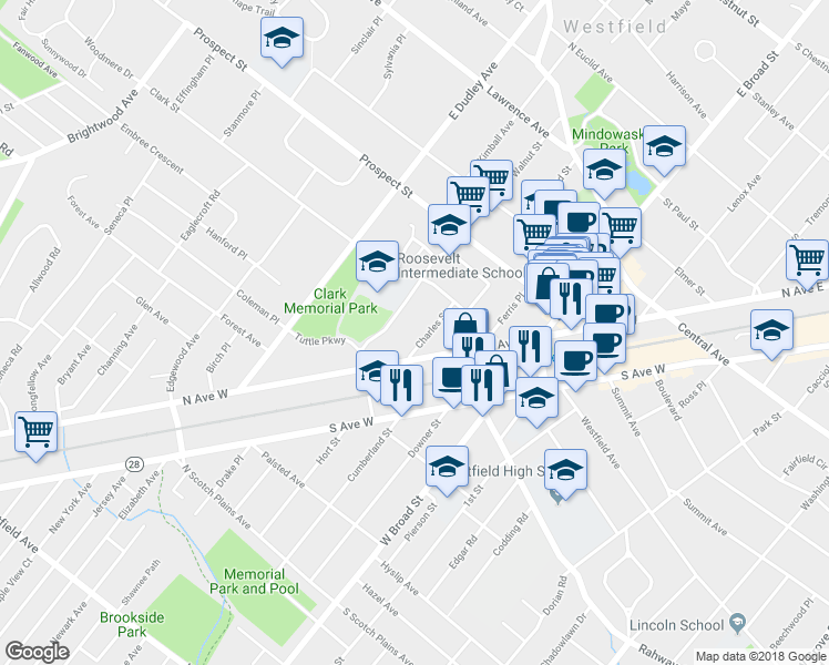 map of restaurants, bars, coffee shops, grocery stores, and more near 238 Charles Street in Westfield