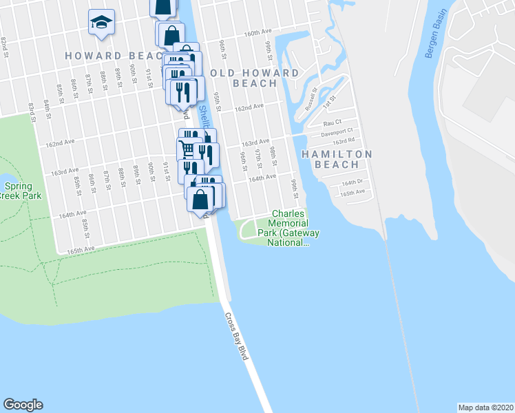 map of restaurants, bars, coffee shops, grocery stores, and more near 164-43 96th Street in Queens