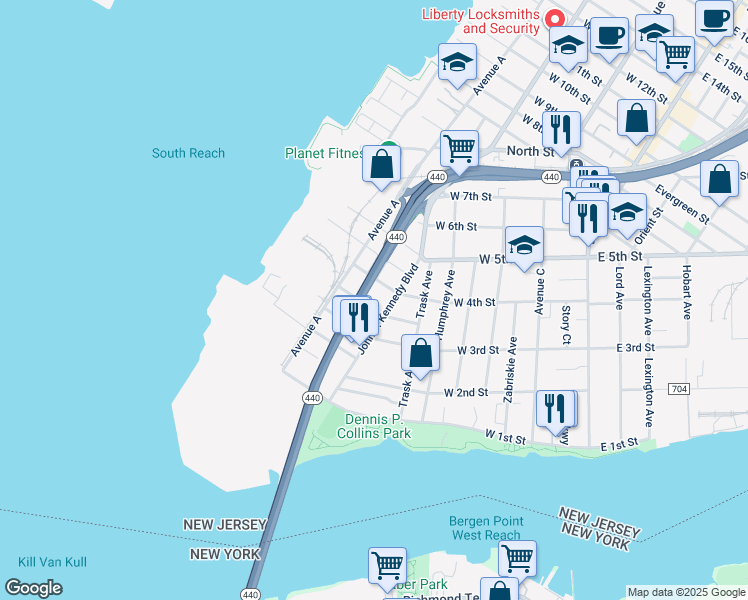 map of restaurants, bars, coffee shops, grocery stores, and more near 41 Juliette Street in Bayonne