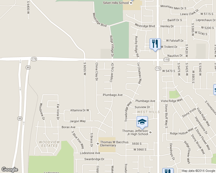 map of restaurants, bars, coffee shops, grocery stores, and more near 5910 West Horn Silver Circle in Kearns