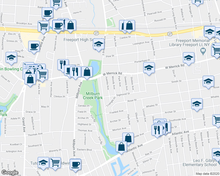 map of restaurants, bars, coffee shops, grocery stores, and more near 197 Juanita Avenue in Freeport