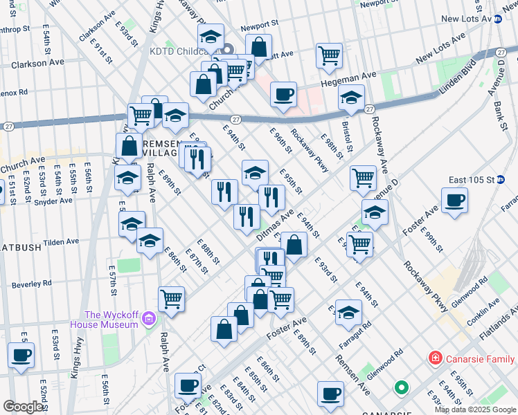 map of restaurants, bars, coffee shops, grocery stores, and more near 725 East 92nd Street in Brooklyn