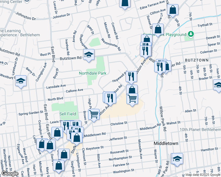 map of restaurants, bars, coffee shops, grocery stores, and more near 1929 Windsor Pl in Bethlehem
