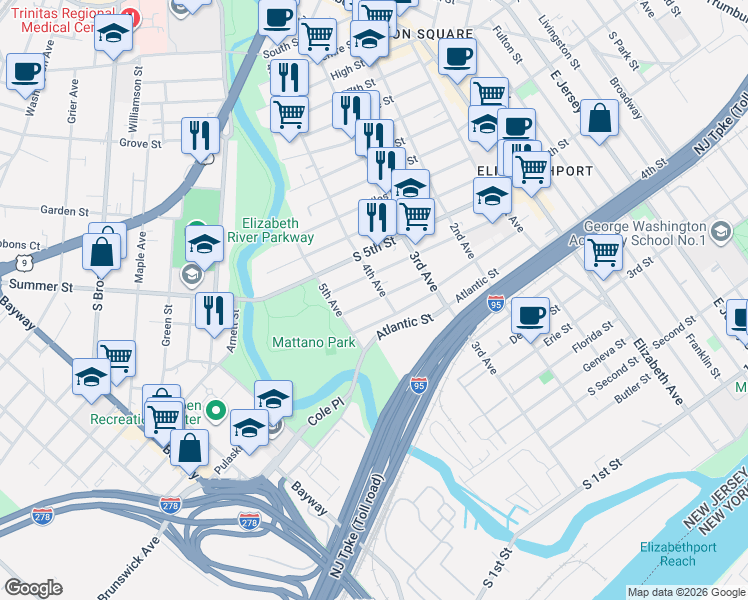 map of restaurants, bars, coffee shops, grocery stores, and more near 419 Redcliffe Street in Elizabeth