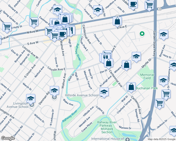 map of restaurants, bars, coffee shops, grocery stores, and more near 3 Broad Street in Cranford