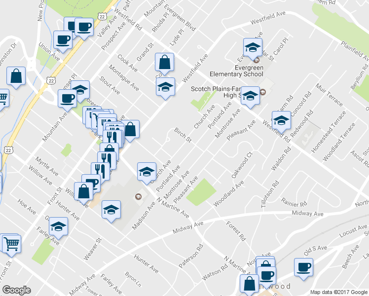 map of restaurants, bars, coffee shops, grocery stores, and more near 2000 Church Avenue in Scotch Plains