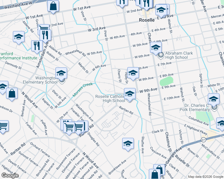 map of restaurants, bars, coffee shops, grocery stores, and more near 30 Westbrook Court in Roselle