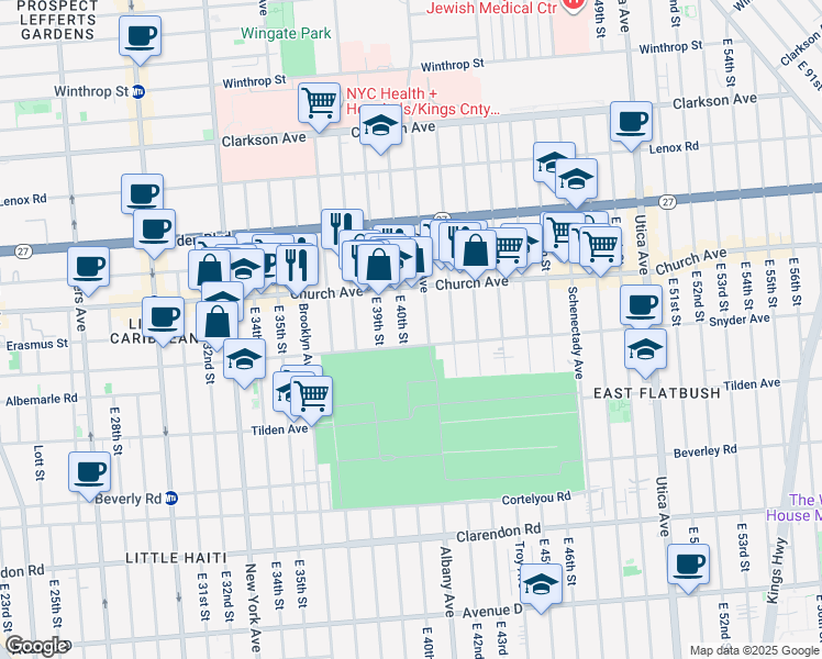 map of restaurants, bars, coffee shops, grocery stores, and more near 289 East 40th Street in Brooklyn
