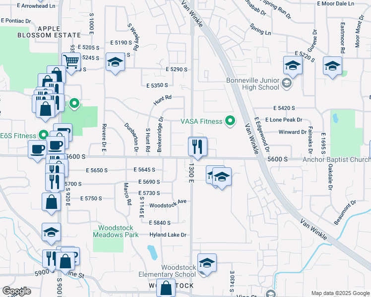 map of restaurants, bars, coffee shops, grocery stores, and more near 1278 East Brockway Circle in Millcreek