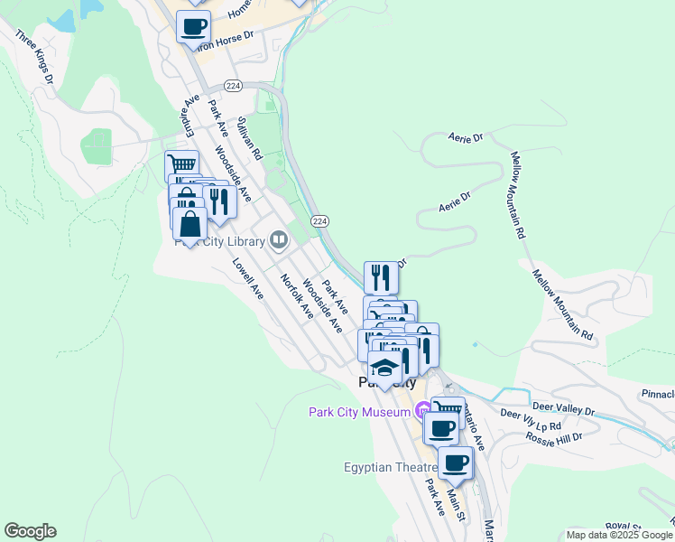 map of restaurants, bars, coffee shops, grocery stores, and more near 1000 Park Avenue in Park City