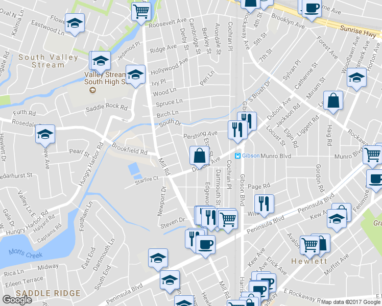 map of restaurants, bars, coffee shops, grocery stores, and more near 43 Garden Street in Valley Stream