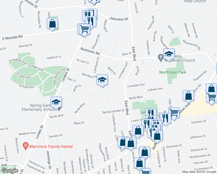 map of restaurants, bars, coffee shops, grocery stores, and more near 2605 Lafayette Avenue in Bethlehem