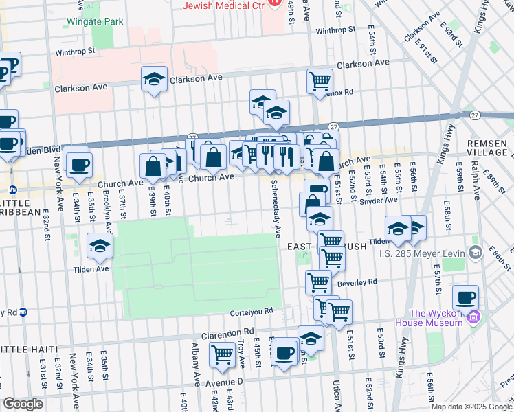 map of restaurants, bars, coffee shops, grocery stores, and more near 4515 Snyder Avenue in Brooklyn