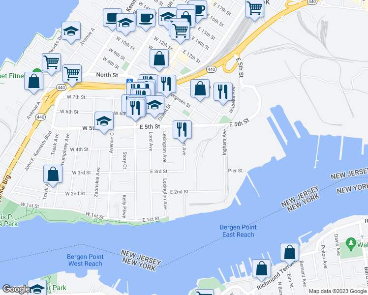 map of restaurants, bars, coffee shops, grocery stores, and more near Hobart Ave & E 4th St in Bayonne