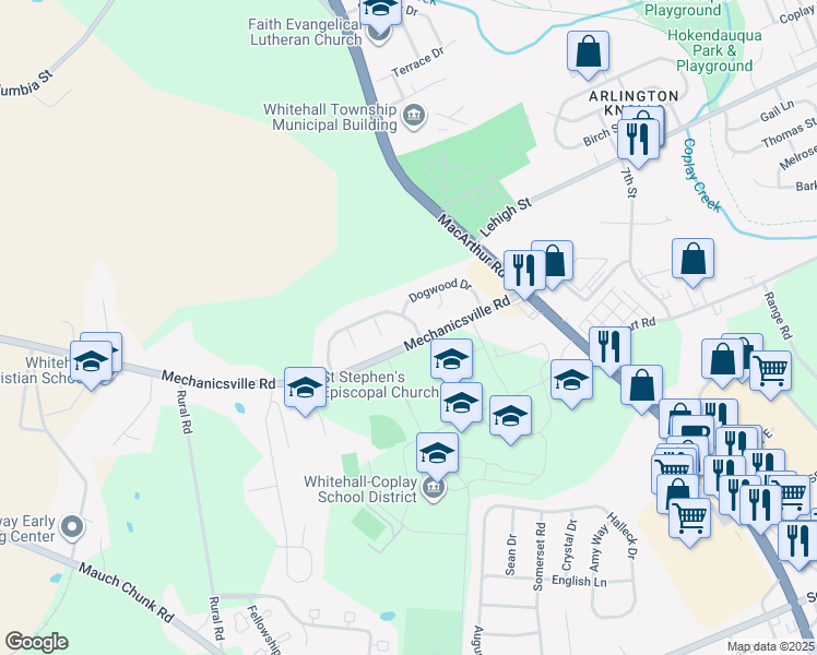 map of restaurants, bars, coffee shops, grocery stores, and more near 3818 Rosewood Lane in Lehigh County