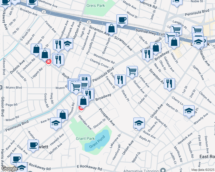 map of restaurants, bars, coffee shops, grocery stores, and more near 40 Catalpa Avenue in Lynbrook