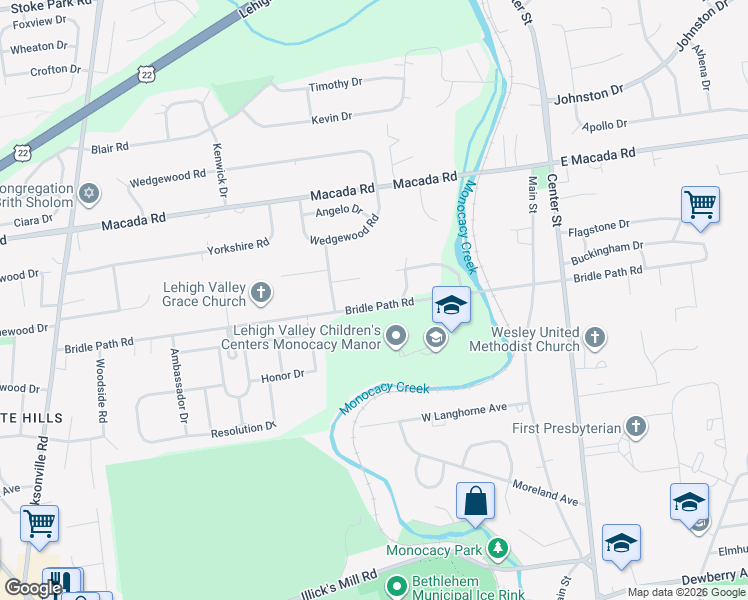 map of restaurants, bars, coffee shops, grocery stores, and more near 440 Bridle Path Road in Bethlehem