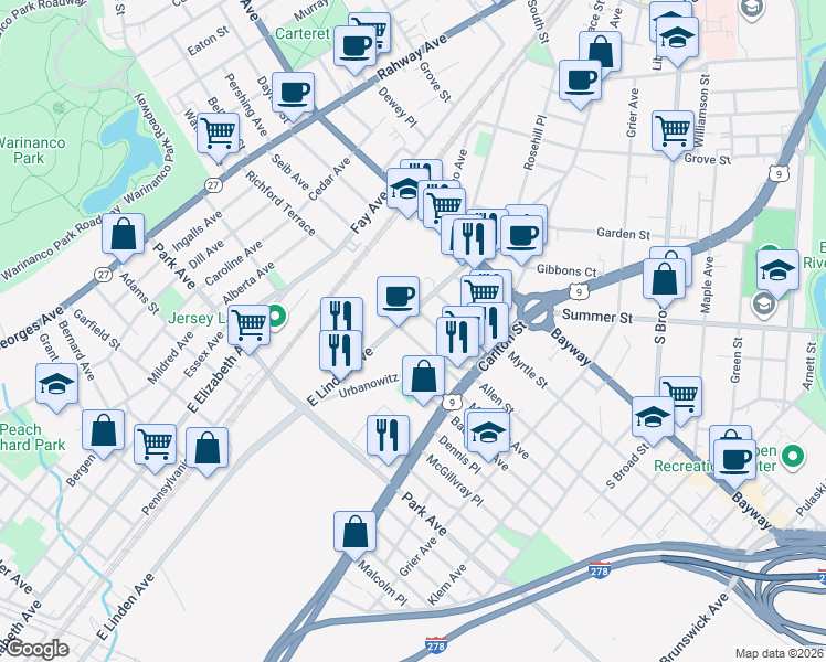 map of restaurants, bars, coffee shops, grocery stores, and more near 313 Ashton Avenue in Linden