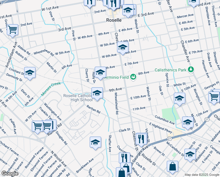 map of restaurants, bars, coffee shops, grocery stores, and more near 150 West 9th Avenue in Roselle