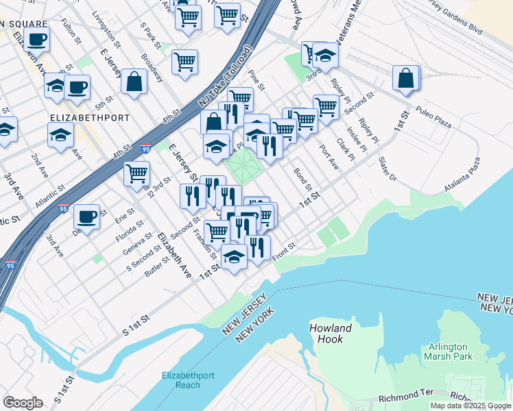 map of restaurants, bars, coffee shops, grocery stores, and more near 133 Broadway in Elizabeth