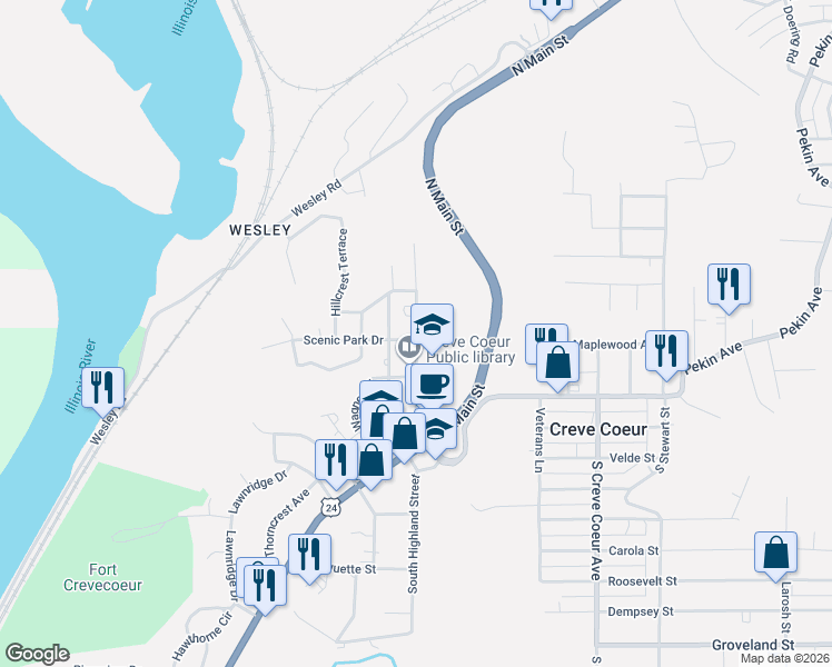 map of restaurants, bars, coffee shops, grocery stores, and more near 400 N Highland St in Creve Coeur