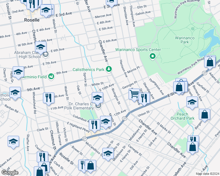 map of restaurants, bars, coffee shops, grocery stores, and more near 1000 Rivington St in Roselle