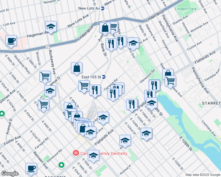 map of restaurants, bars, coffee shops, grocery stores, and more near 633 East 104th Street in Brooklyn