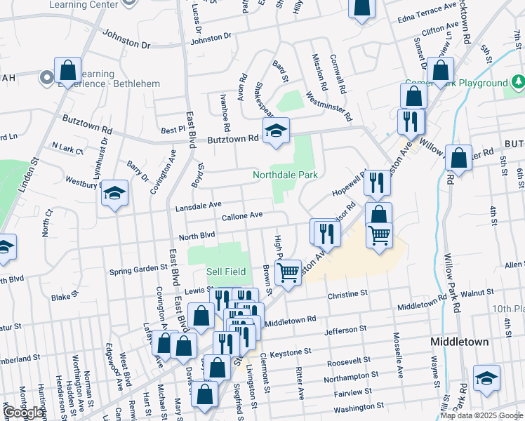 map of restaurants, bars, coffee shops, grocery stores, and more near 1727 Callone Avenue in Bethlehem