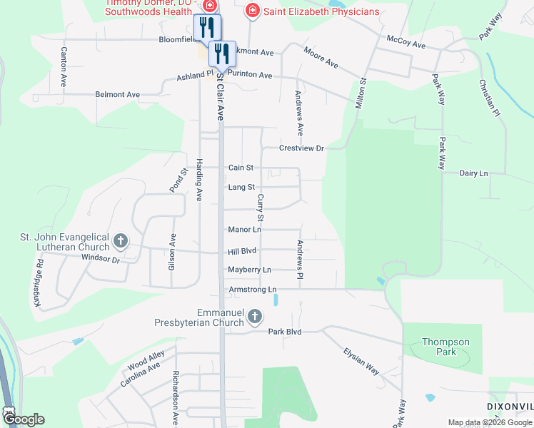 map of restaurants, bars, coffee shops, grocery stores, and more near 810 Midway Lane in East Liverpool