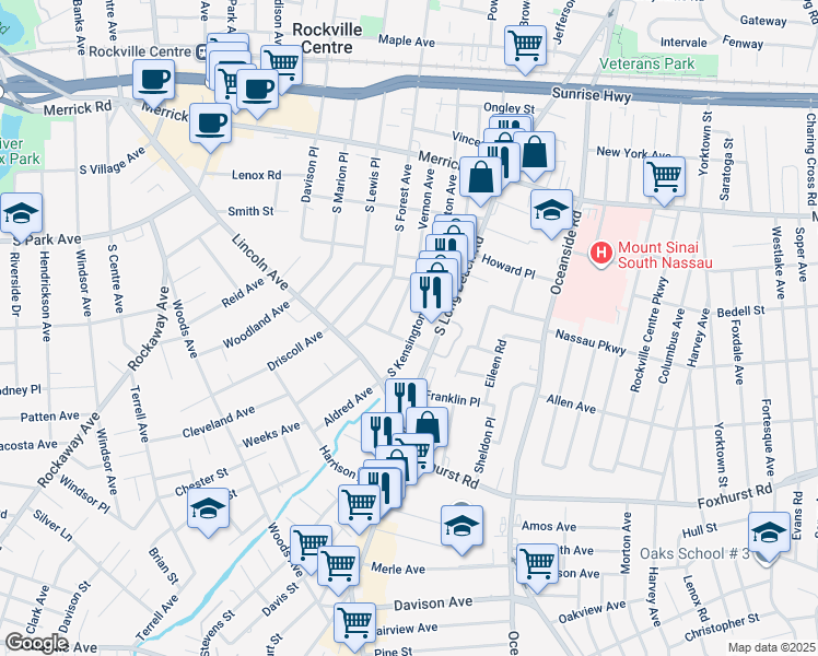 map of restaurants, bars, coffee shops, grocery stores, and more near 148 South Kensington Avenue in Rockville Centre
