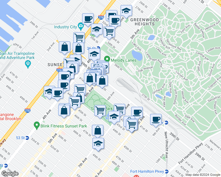 map of restaurants, bars, coffee shops, grocery stores, and more near 566 39th Street in Brooklyn