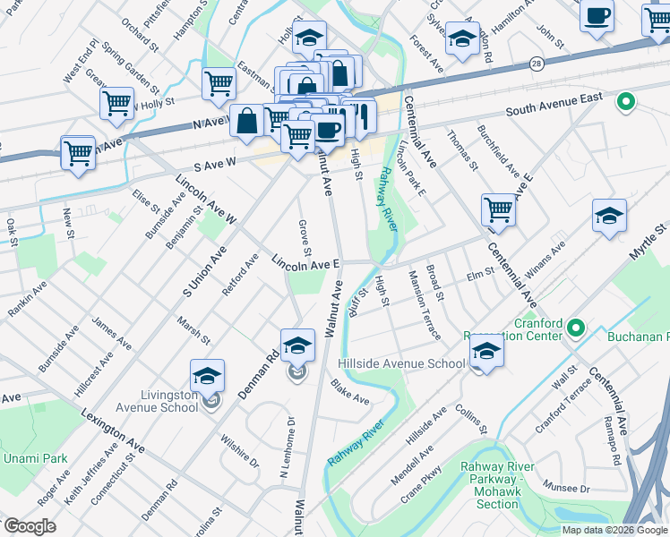 map of restaurants, bars, coffee shops, grocery stores, and more near 302 Walnut Avenue in Cranford