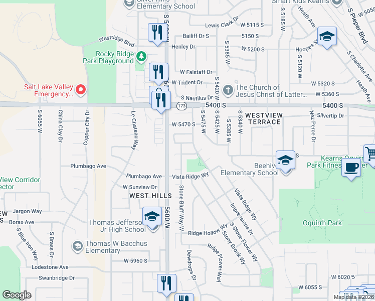 map of restaurants, bars, coffee shops, grocery stores, and more near 5528 West Ridge Stone Drive in Salt Lake City