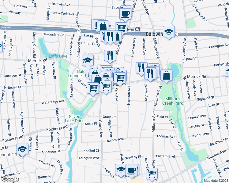 map of restaurants, bars, coffee shops, grocery stores, and more near 2470 Park Avenue in Baldwin
