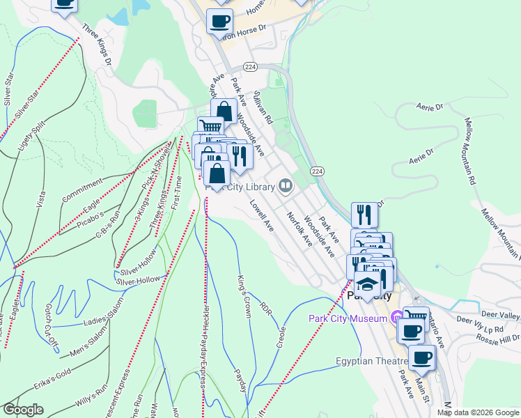 map of restaurants, bars, coffee shops, grocery stores, and more near 1232 Lowell Ave in Park City
