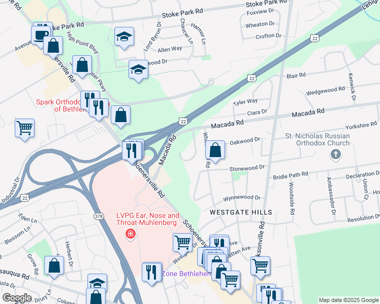 map of restaurants, bars, coffee shops, grocery stores, and more near 1745 Macada Road in Bethlehem