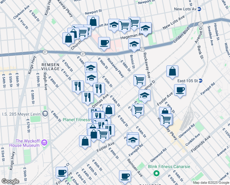 map of restaurants, bars, coffee shops, grocery stores, and more near 760 East 95th Street in Brooklyn