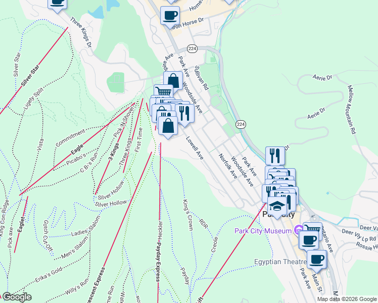 map of restaurants, bars, coffee shops, grocery stores, and more near 1232 Lowell Avenue in Park City