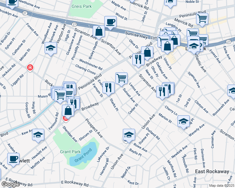 map of restaurants, bars, coffee shops, grocery stores, and more near 2A Duryea Place in Lynbrook