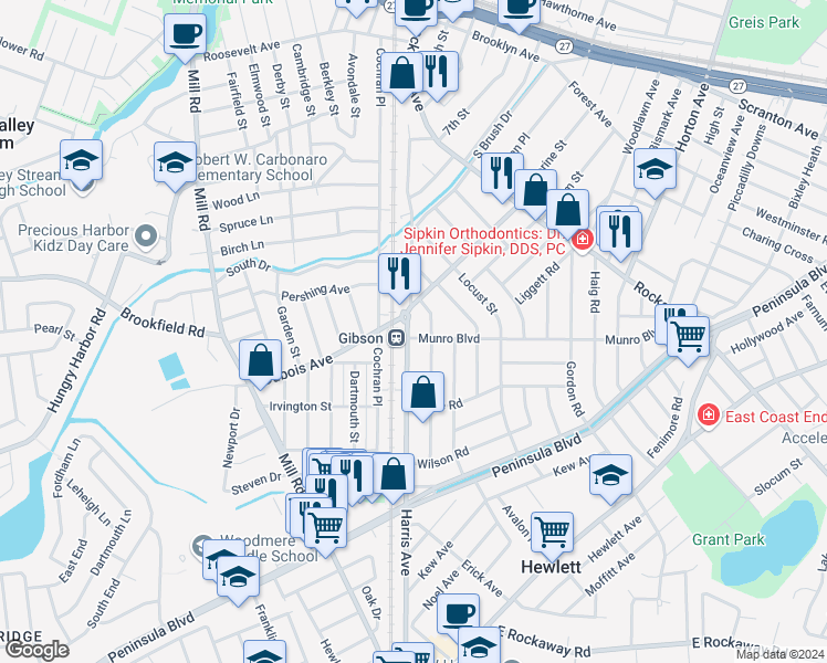 map of restaurants, bars, coffee shops, grocery stores, and more near in Valley Stream