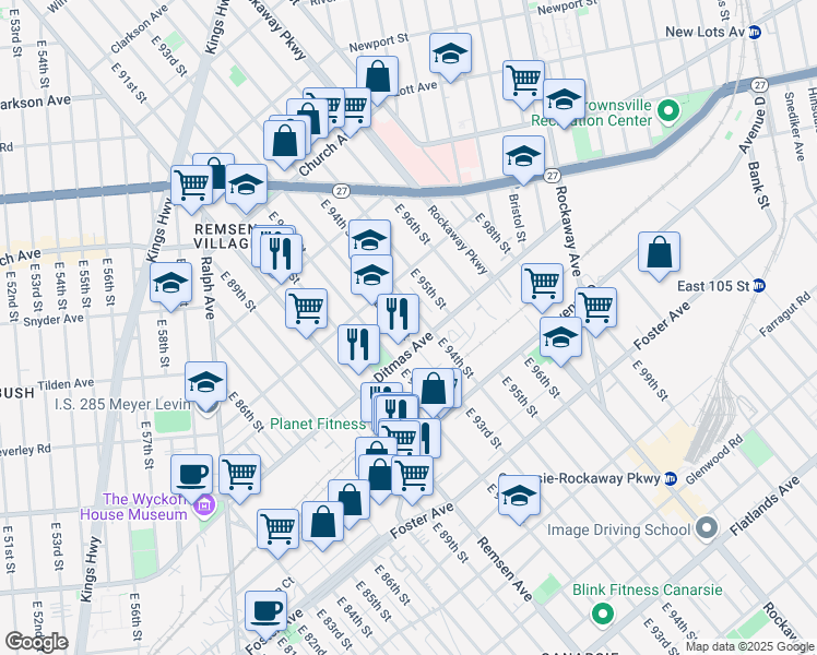 map of restaurants, bars, coffee shops, grocery stores, and more near 9301 Ditmas Avenue in Brooklyn