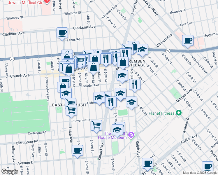 map of restaurants, bars, coffee shops, grocery stores, and more near 280A East 56th Street in Brooklyn