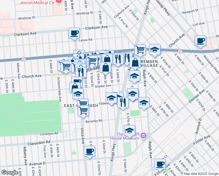 map of restaurants, bars, coffee shops, grocery stores, and more near 355 East 54th Street in Brooklyn