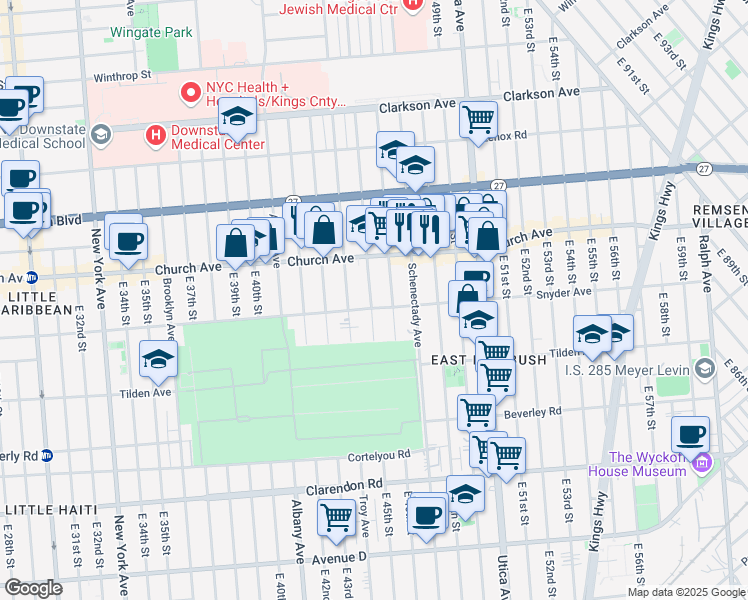 map of restaurants, bars, coffee shops, grocery stores, and more near 471 East 45th Street in Brooklyn
