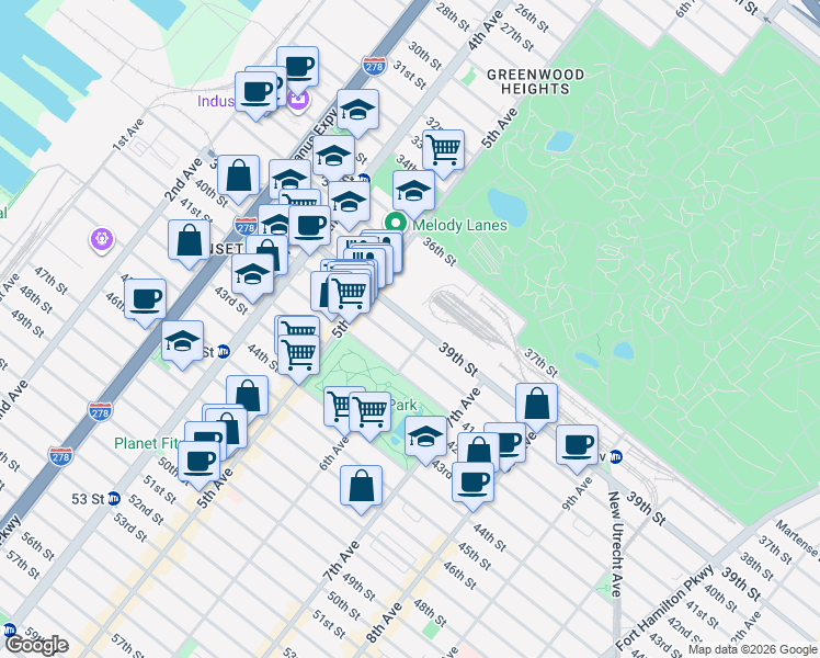 map of restaurants, bars, coffee shops, grocery stores, and more near 566 39th Street in Brooklyn