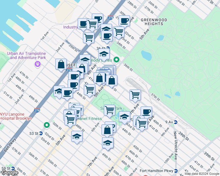 map of restaurants, bars, coffee shops, grocery stores, and more near 526 40th Street in Brooklyn