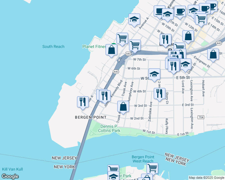 map of restaurants, bars, coffee shops, grocery stores, and more near 41 Juliette Street in Bayonne