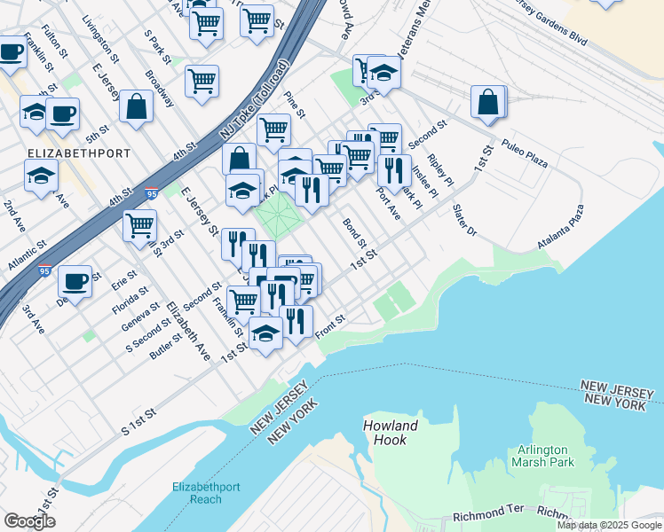 map of restaurants, bars, coffee shops, grocery stores, and more near 113 South Park Street in Elizabeth